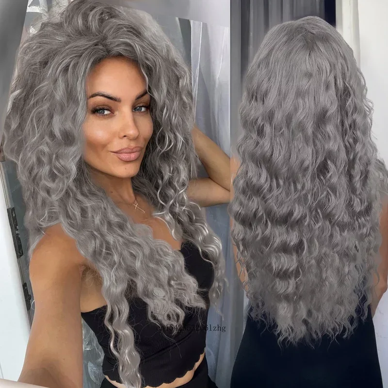 GNIMEGIL Synthetic Grey Hair Long Water Wave Wigs for Women Natural Fluffy Curly Wave Wig Cosplay Halloween Party Heat Resistant