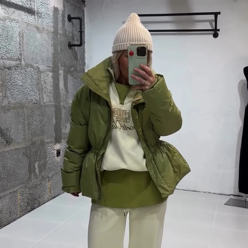 Back Half Zip Women's Winter Puffer Jackets Elastic Waist Ruffle Hem Cropped Padded Coat Loose Long Sleeve Warm Outerwear