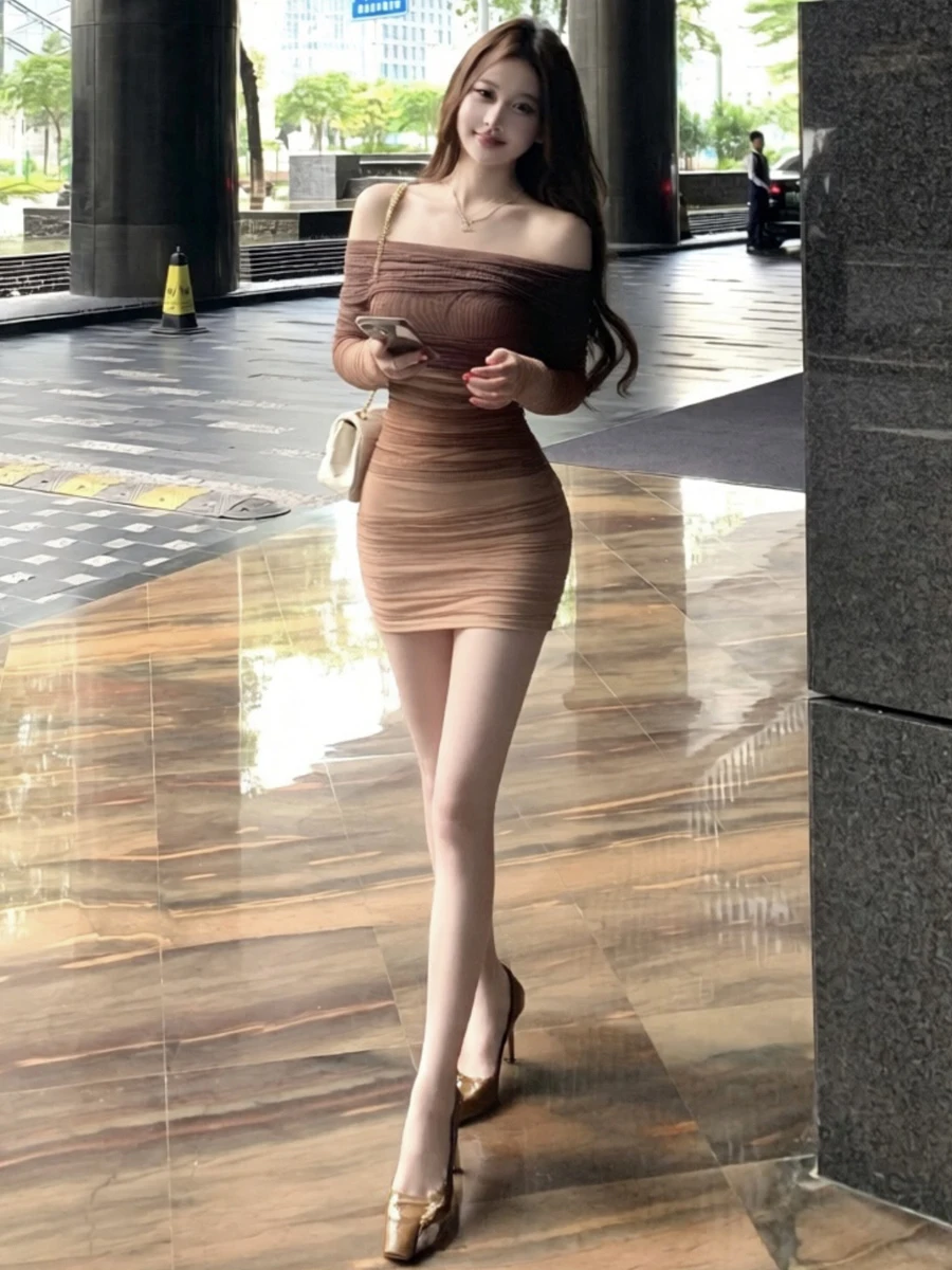 Sexy Pure Desire Gradient Mesh Folded Waist Dress Slim Long Sleeve One Shoulder Bodycon Short Skirt Women City Commute A-Line...