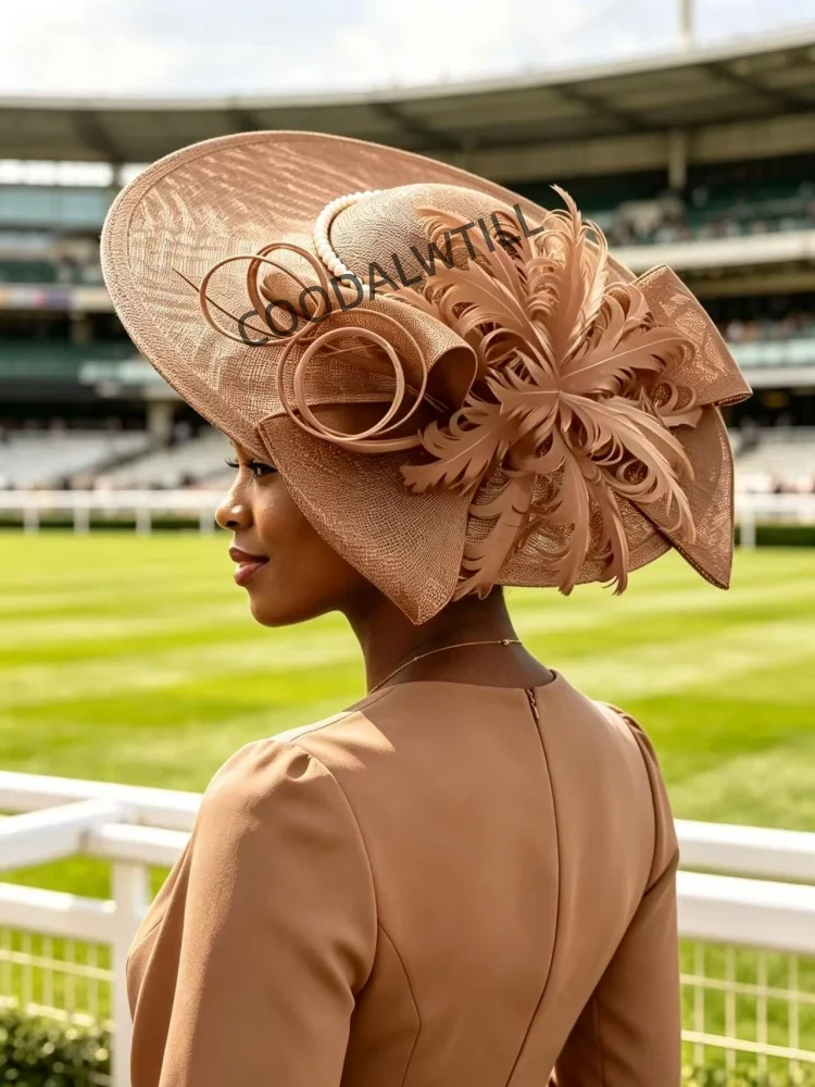 Hot Pink Large Fascinator Hat Women Feather Pearl Decor Royal Ascot Horse Race Derby Wedding Church Cocktail Party Millinery view 2