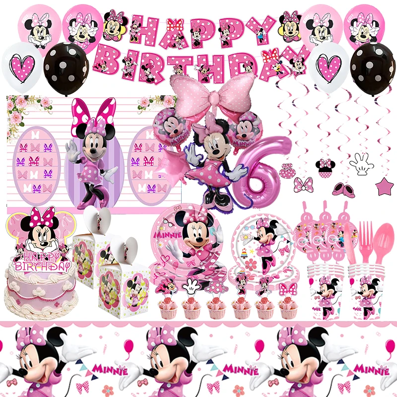 Disney Minnie Mouse decorazioni di compleanno Set di stoviglie usa e getta Minnie Balloons Banner sfondo forniture per eventi per feste per ragazza