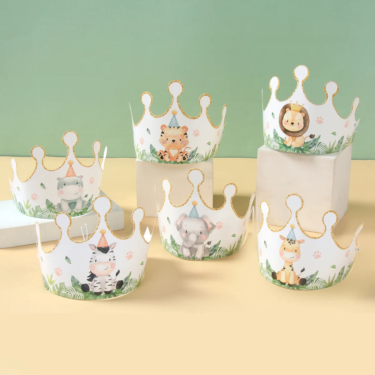 6pcs Cartoon Jungle Animal Party Paper Caps Crown Party Hats Gift For Kids Wild One Birthday Party Woodland Baby Shower Supplies