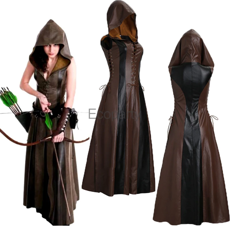 

New Women Archer Cosplay Costume Faux Leather Hooded Lacing Long Dress Halloween Masquerade Medieval Warrior Costume For Female