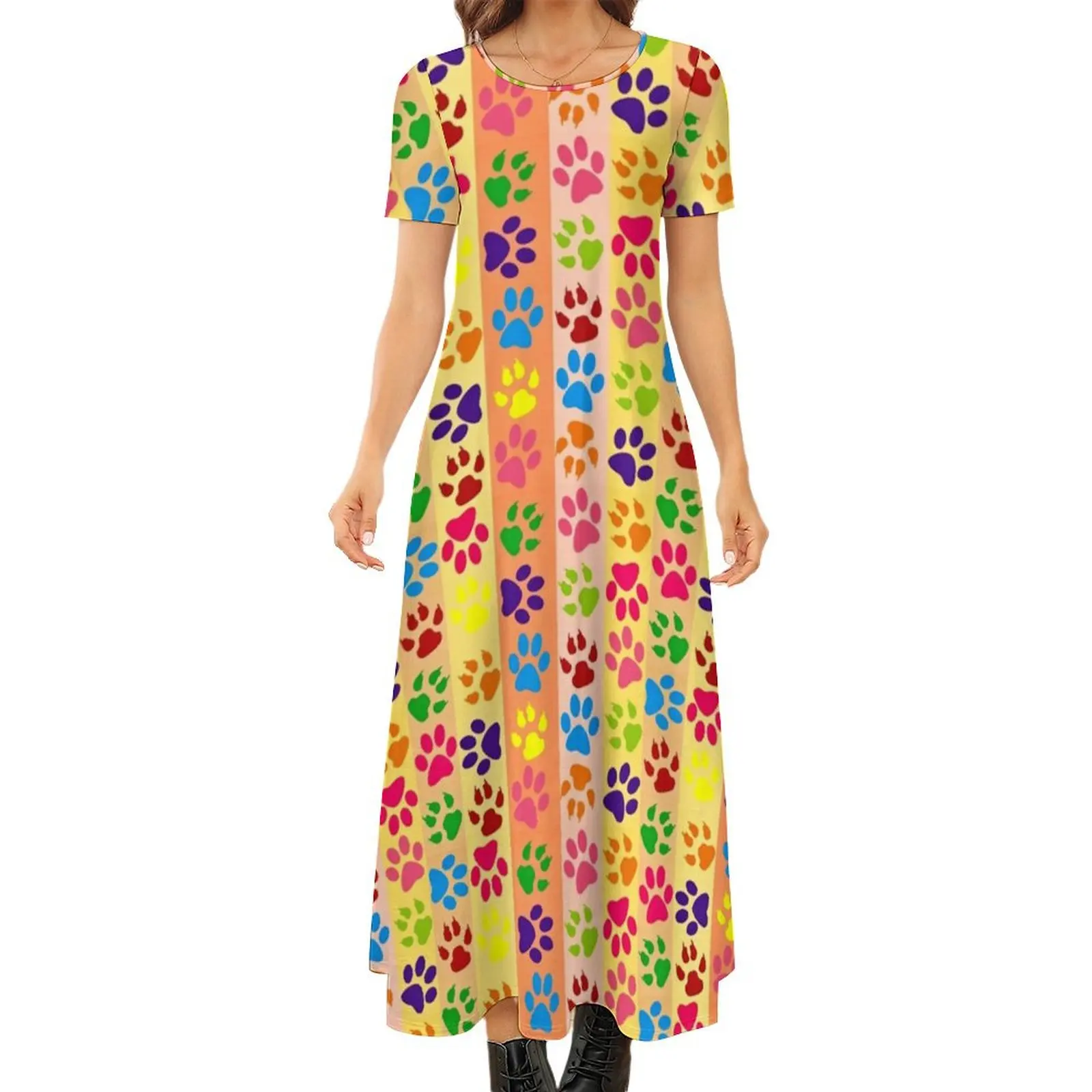 

Colorful Dog Paws Dress Striped Print Modern Maxi Dress Short Sleeve Streetwear Bohemia Long Dresses Women Oversized Vestidos