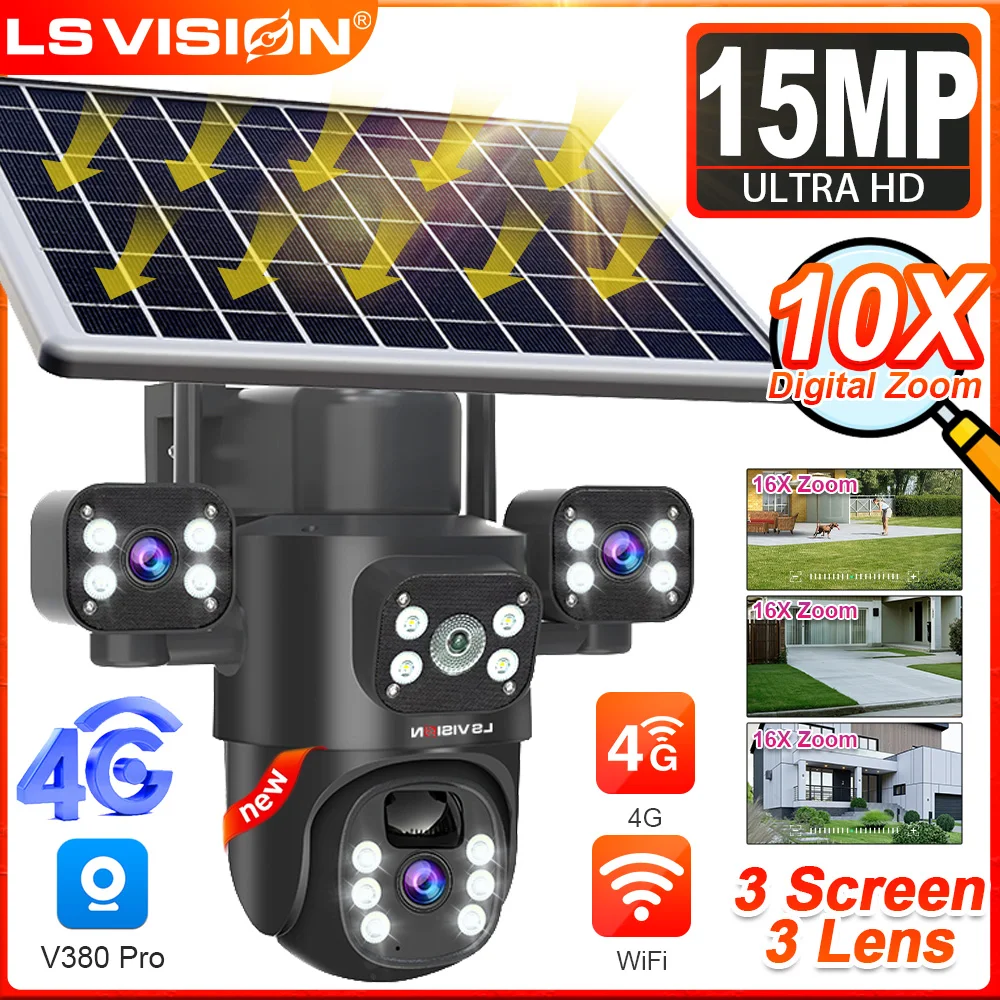 

LS VISION 15MP 4G LTE Solar Camera Three Screens 10X Zoom Wireless Outdoor Surveillance Cam PIR Detection Auto Tracking V380 Pro