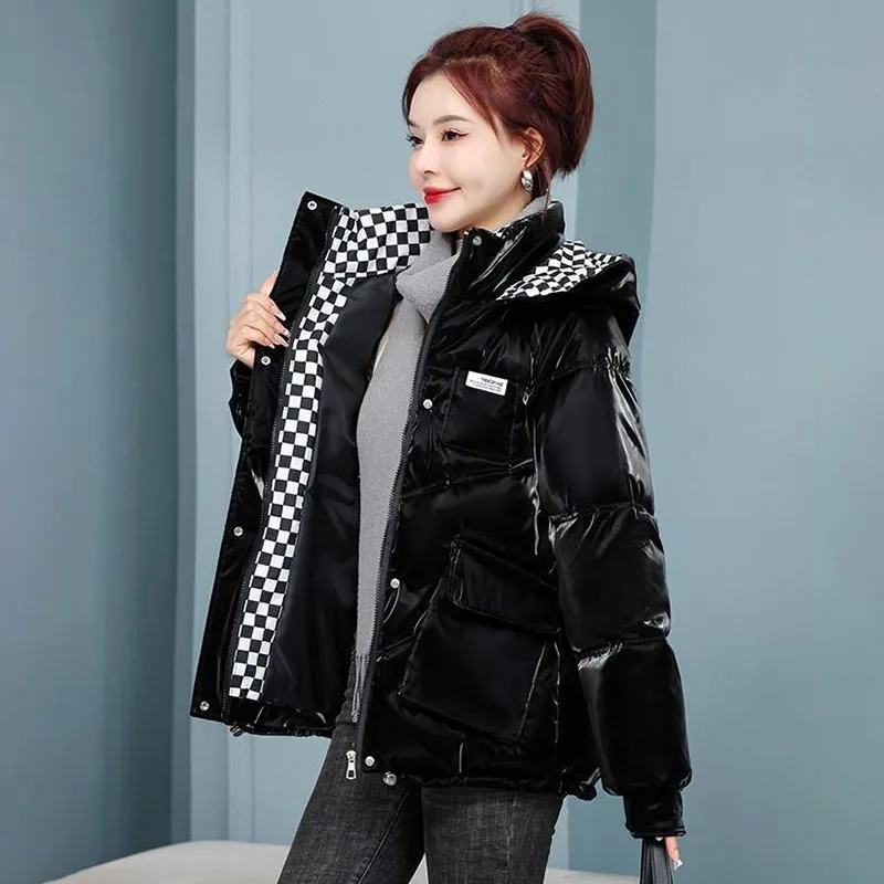 Bright Face Wash-Free Down Cotton-Padded Coat Women's Outwear Winter New Loose Thick Warm Parka Chessboard Hooded Bread Coat