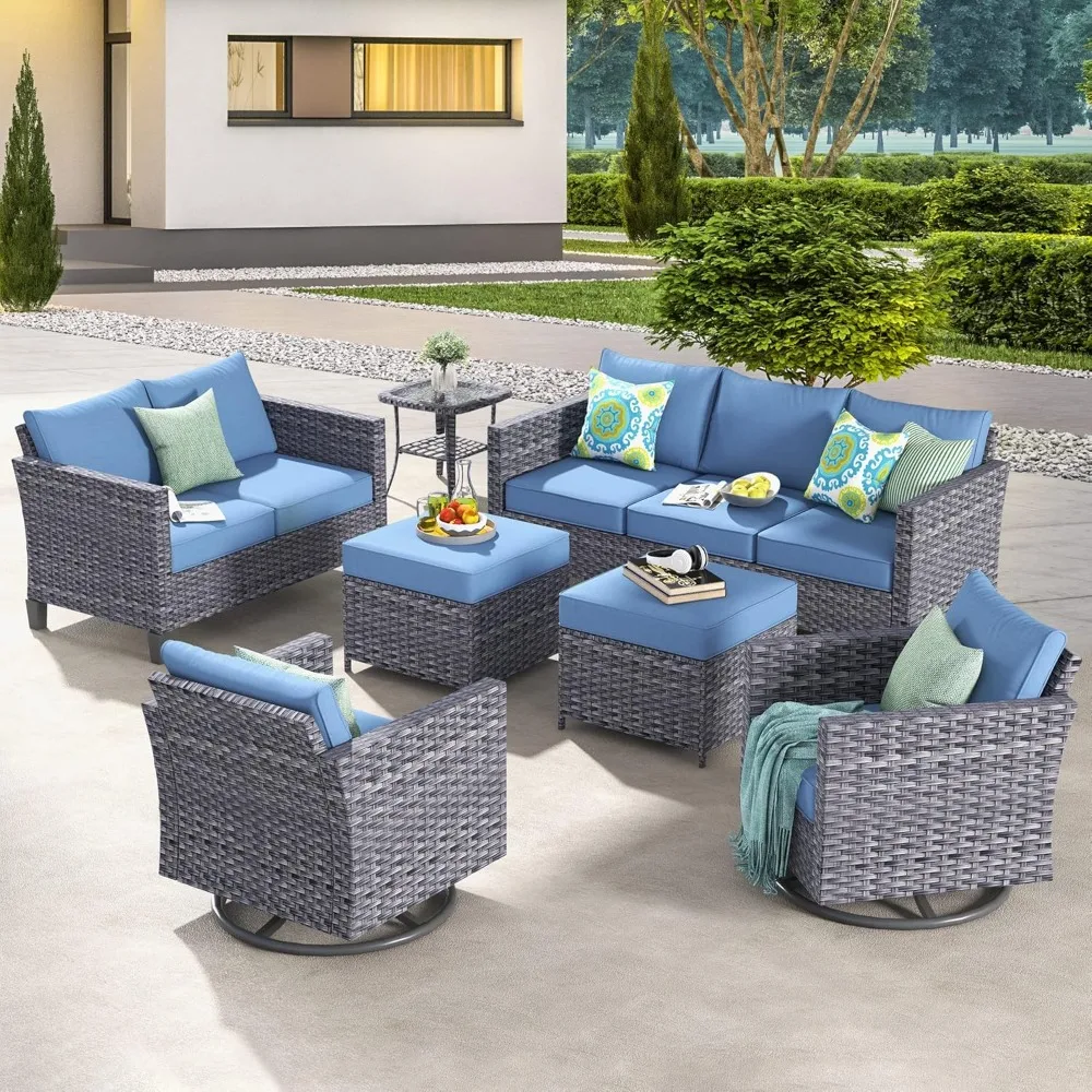 

7 Piece Patio Furniture Set, Outdoor Wicker Sofa Couch with Swivel Rocking Chairs, Loveseat, Comfy Cushions