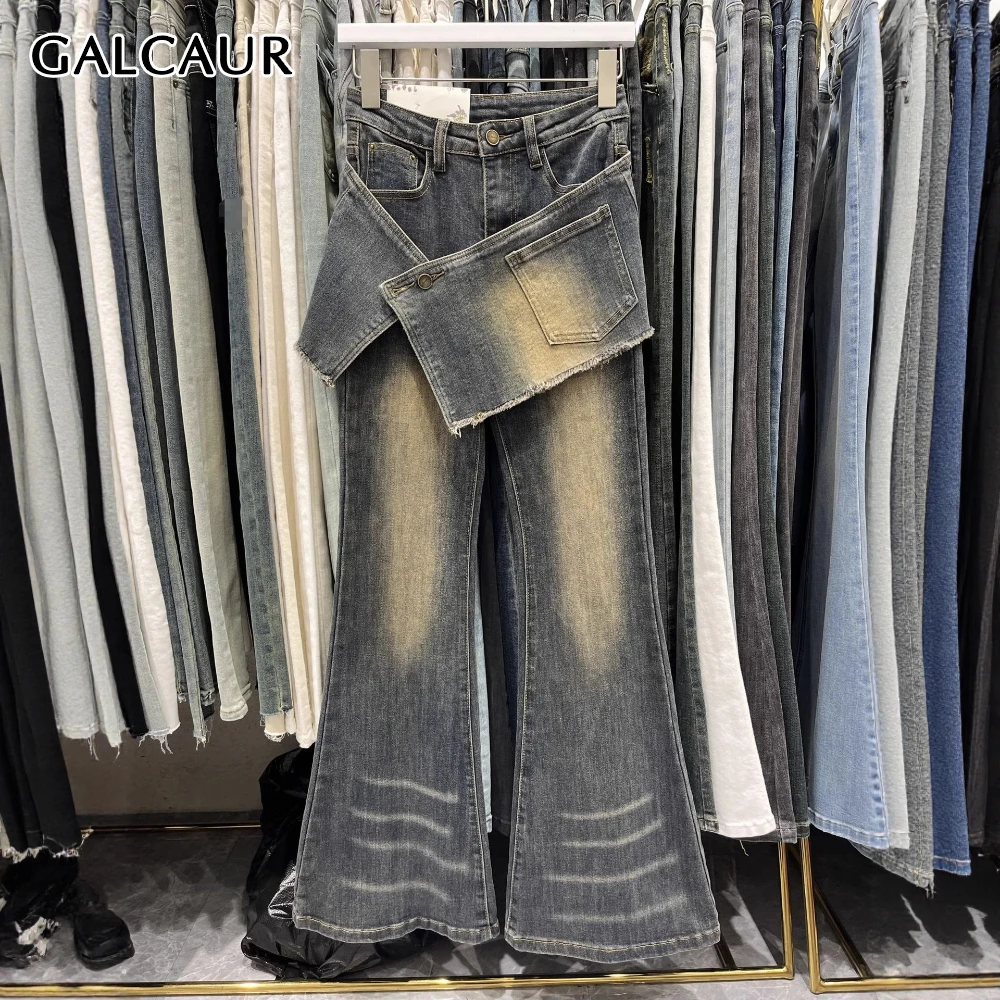 

GALCAUR винтажные синие брюки с занавеской, женские тонкие уличные брюки с высокой талией, ложные женские брюки из двух предметов, осенняя мода