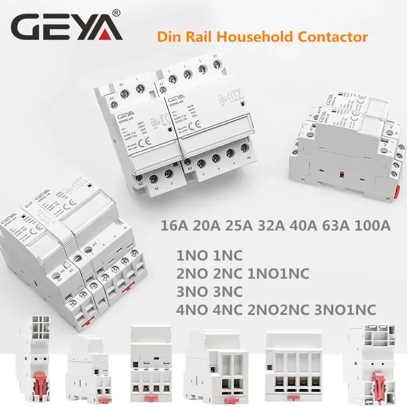 GEYA Din Rail Mounted Household Modular AC Contactor for Smart Home House Hotel AC220V 2P 25A 2NC 2NO 1NO1NC 50/60Hz