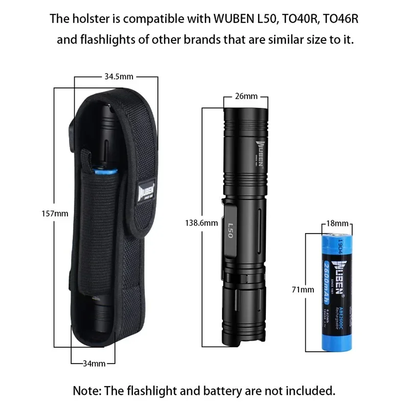 Wuben耐久性のあるナイロンポーチ、懐中電灯、バッテリーホルスター、c3、e10、l50、t040r、to46r、to50r、lt35proなど、18650/21700