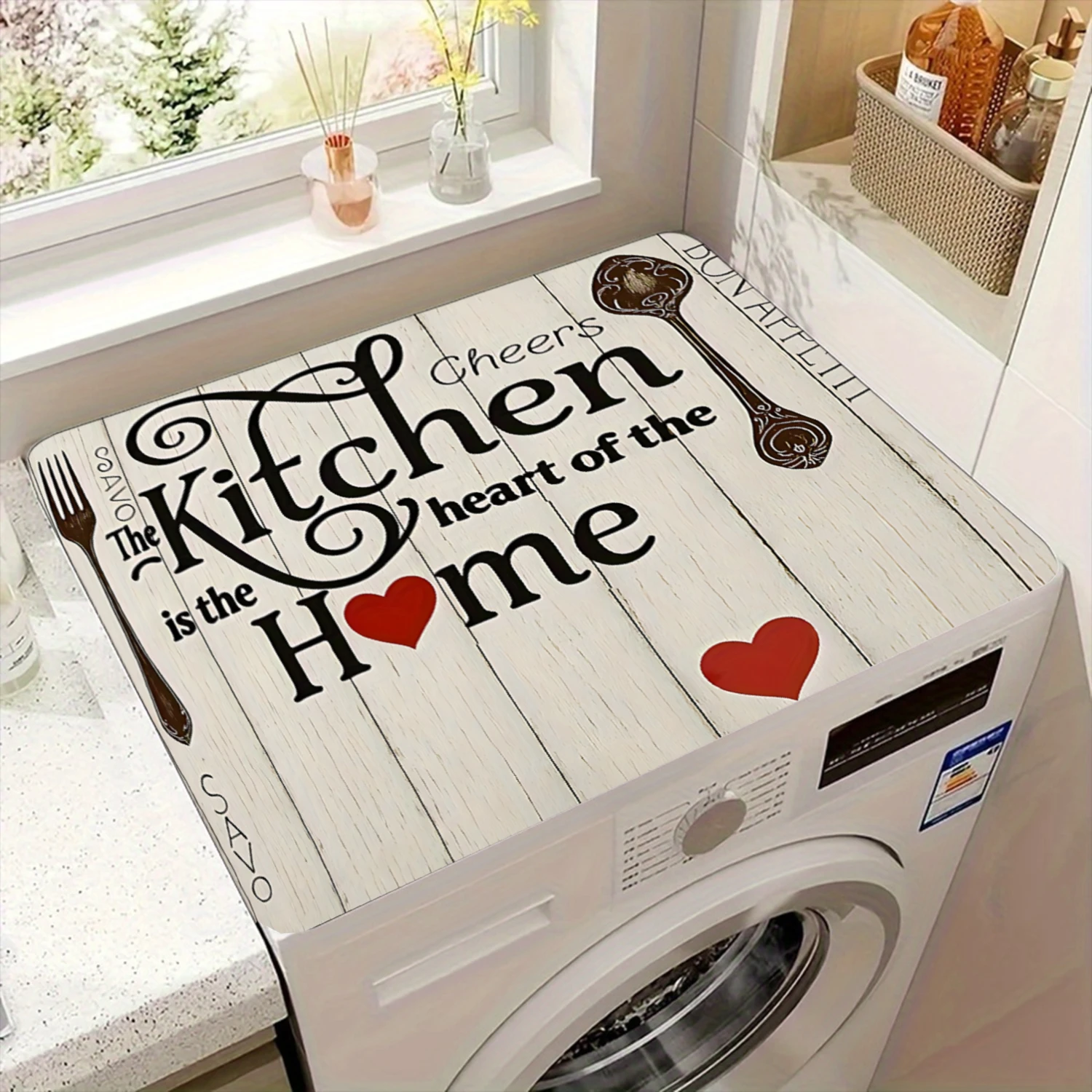 

Чехол для стиральной машины с текстурой белого дерева, дизайн «Кухня — сердце дома» с вилкой, ложкой и сердечками — декор для прачечной