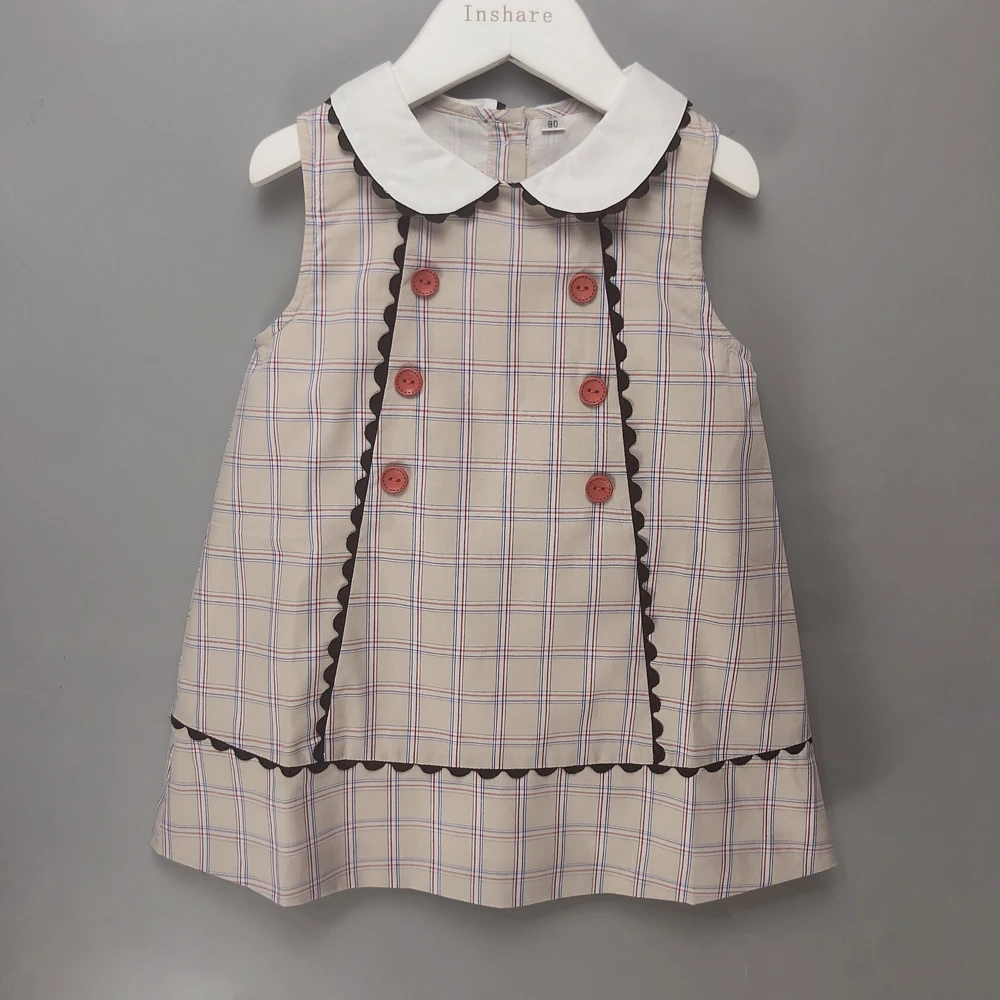 Children Boutique Clothing Girls Plaid Dress Cotton A-Line Skirt Sleeveless Vest Skirt British Style Fashion Outfit 18m-7T