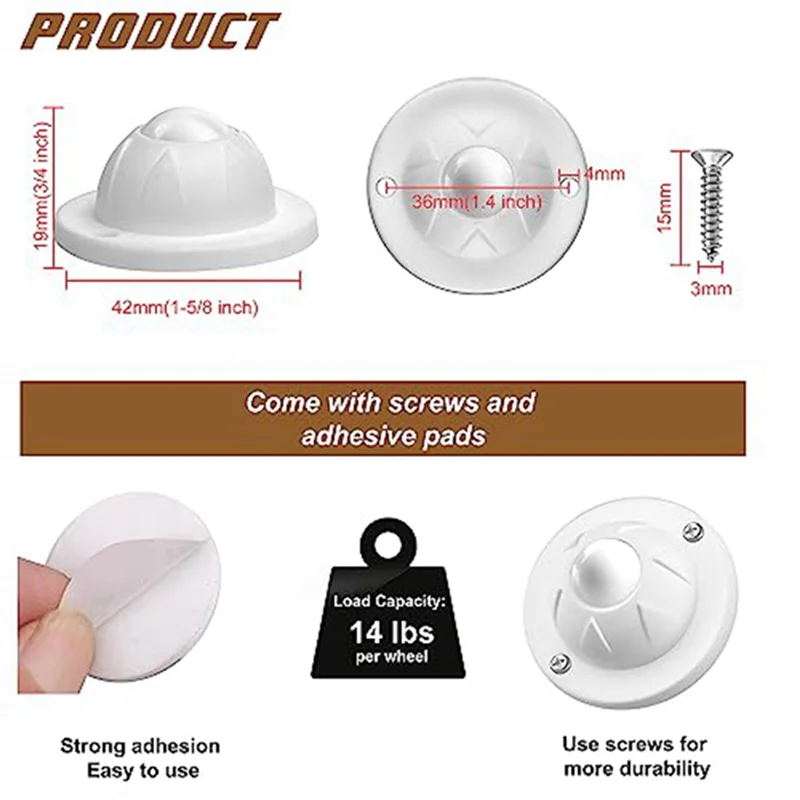 AB06 16 Pack Mini Swivel Wheels Sliders Roller For Appliance, Load Capacity 14Lbs Per Wheel