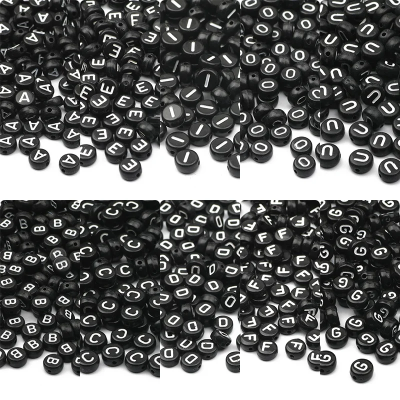 50/100/200pcs 7mm Black Vowel Alphabet Letter Beads Flat Round Spacer Acrylic Beads For Jewelry Making Diy Bracelet Accessories