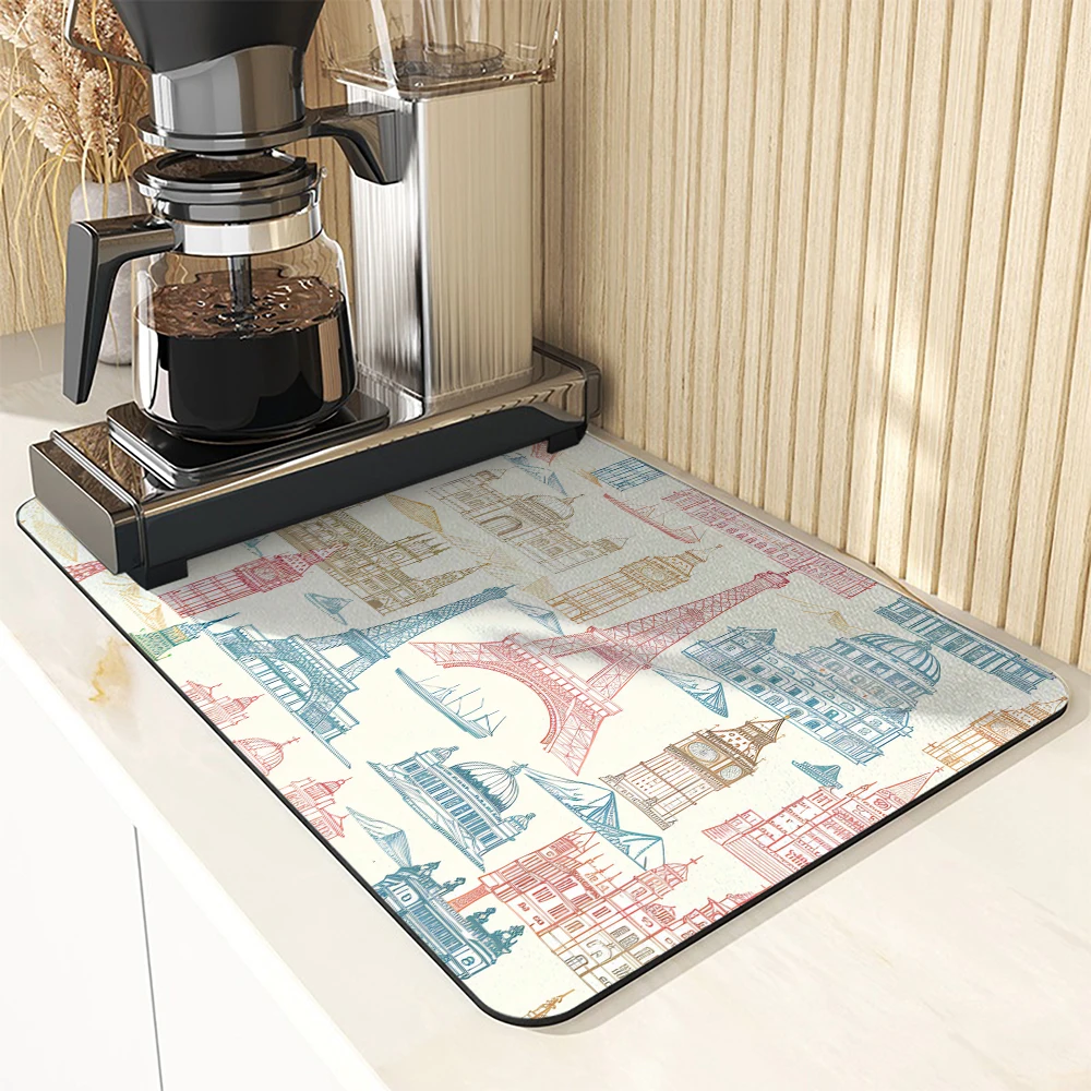 Kitchen Drying Mat Eiffel Tower Dry Coffee Mat Absorbent  Placemat Anti Slip Table Cup Drying Mats Table Decoration Accessories