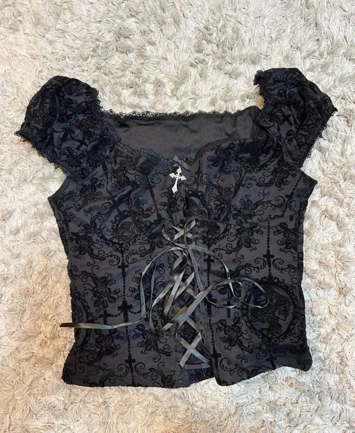 Vintage Gothic Corset Top Women Casual Cross Pendant Lace Up Floral Print Ruffle Trim Short Sleeve Punk Style T-shirt Streetwear