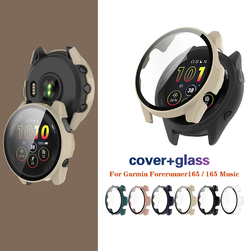 Hard Case Tempered Glass Screen Protector Protective Cover for Garmin Forerunner 165 / 165 Music