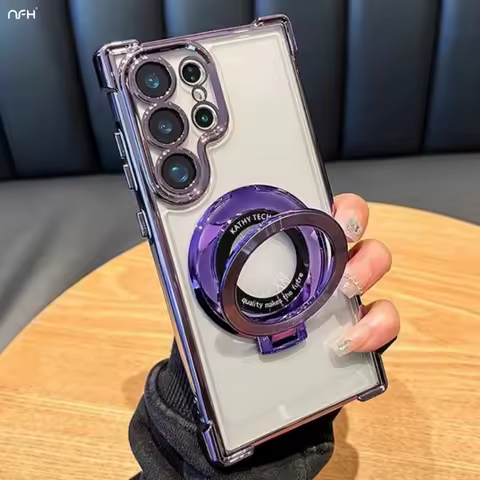 For Samsung S25 S24 S23 Ultra Luxury Holder Stand Plating Frame Transparent Phone Case For Samsung Galaxy S22 Plus A16 A53 Cover