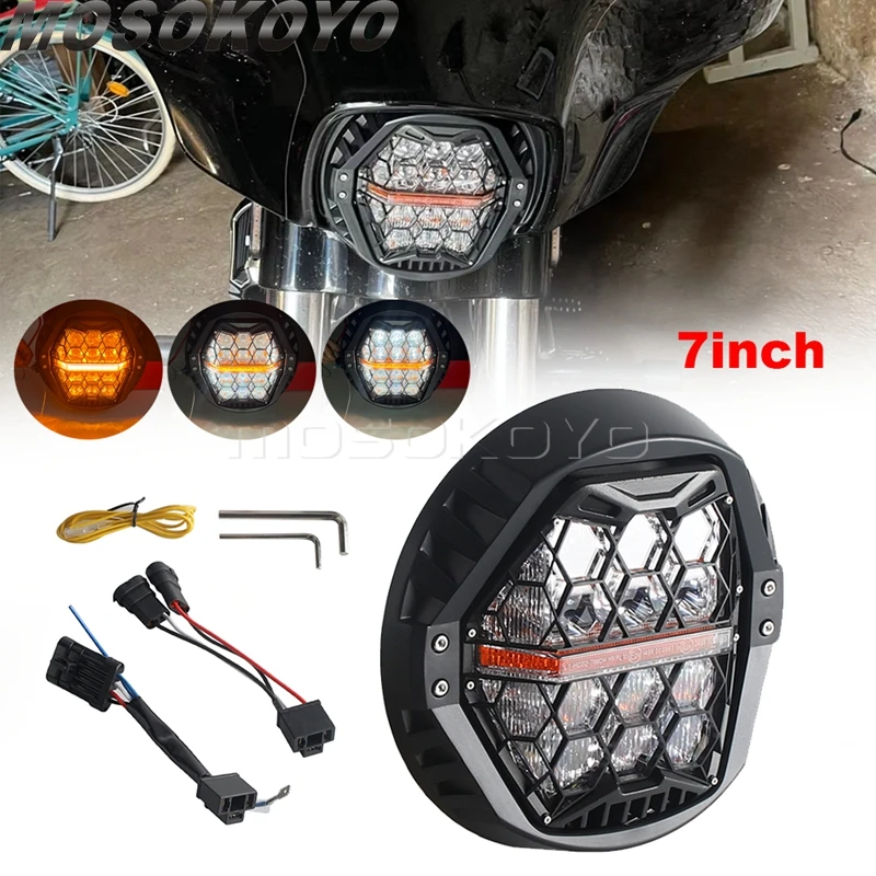 Headlight Hi/Lo Beam DRL Motorcycle 7" LED Headlamps For Harley Touring Softail Heritage Deluxe Slim CVO Classic Dyna Switchback view 2
