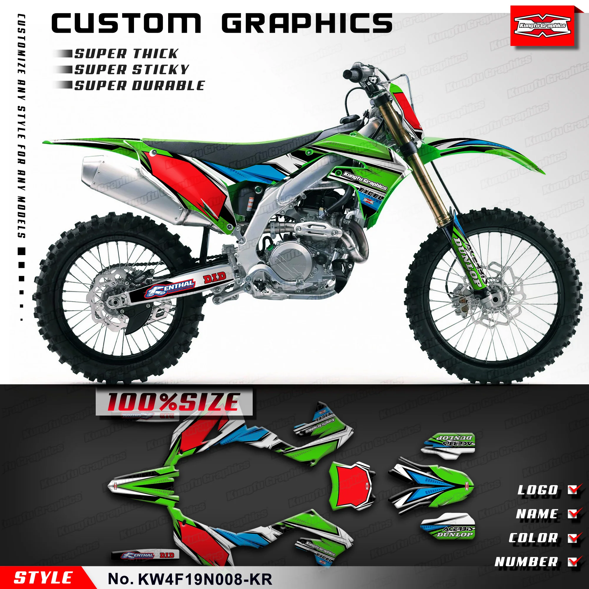 

KUNGFU GRAPHICS Stickers Set Durable Vinyl for Kawasaki KX450F KX250F KXF450 KX250X 2019 2020 2021 2022 2023, KW4F19N008-KR