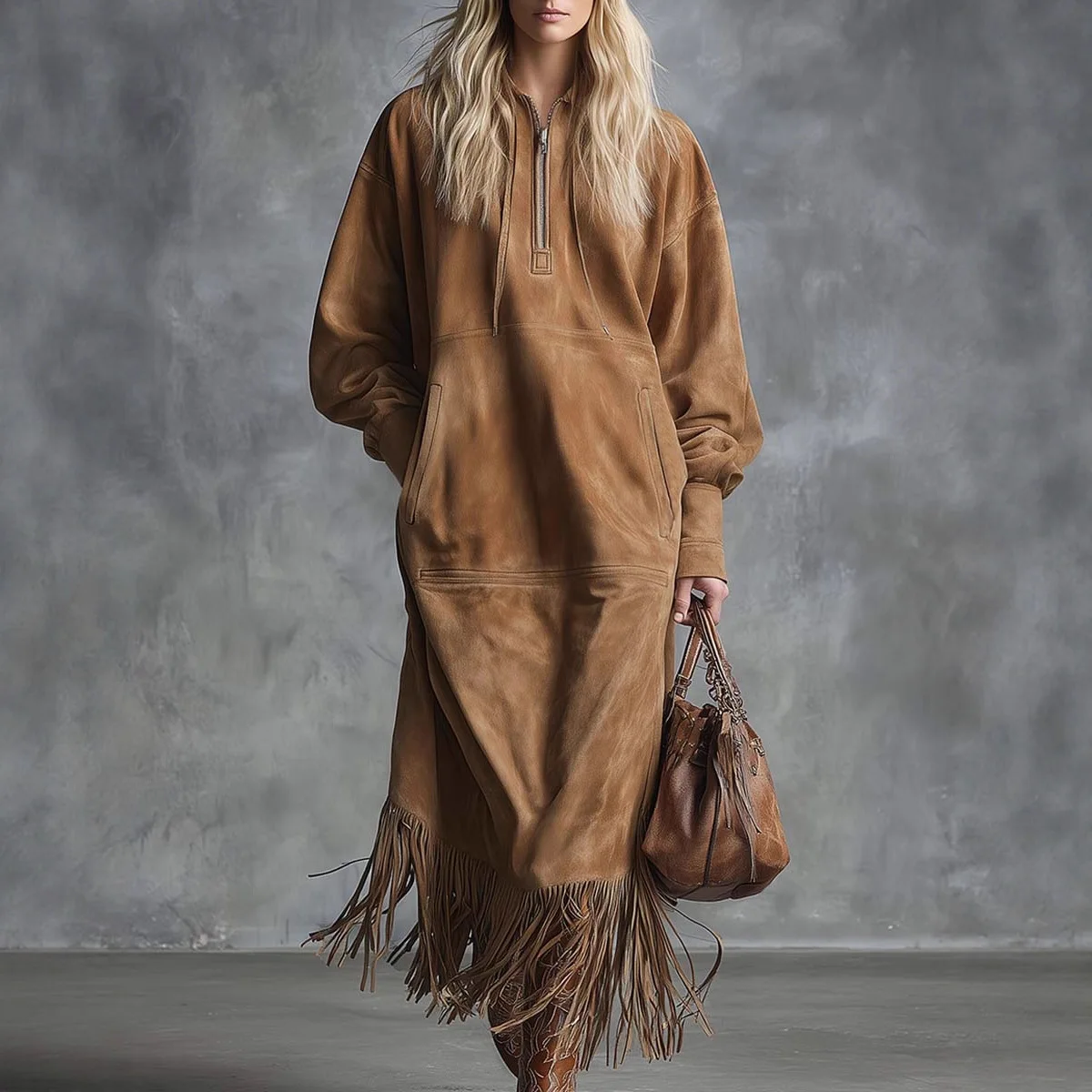 

Western Retro Solid Suede Tassel Long Dresses Women Autumn Long Sleeve Zipper Loose Stright Dress Elegant Streetwear Dress