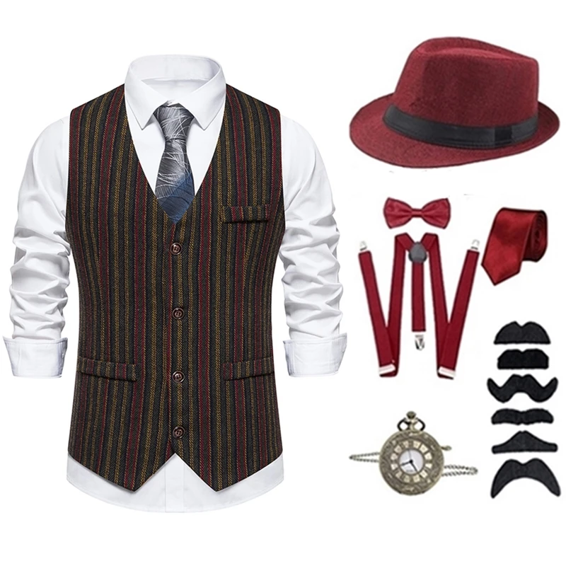 Autunno Retro Gatsby 1920s Carnival Banquet abito da uomo Gentleman Vest Party Button Set accessori cappello Strap