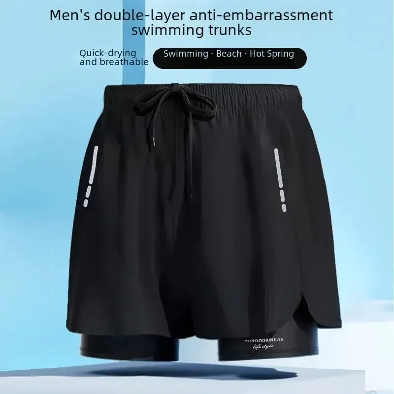 

Summer Men Double Layer Anti-shame Loose Swimming Trunks Four Corner Quick Dry Adult Professional Sports Swimming Trunks