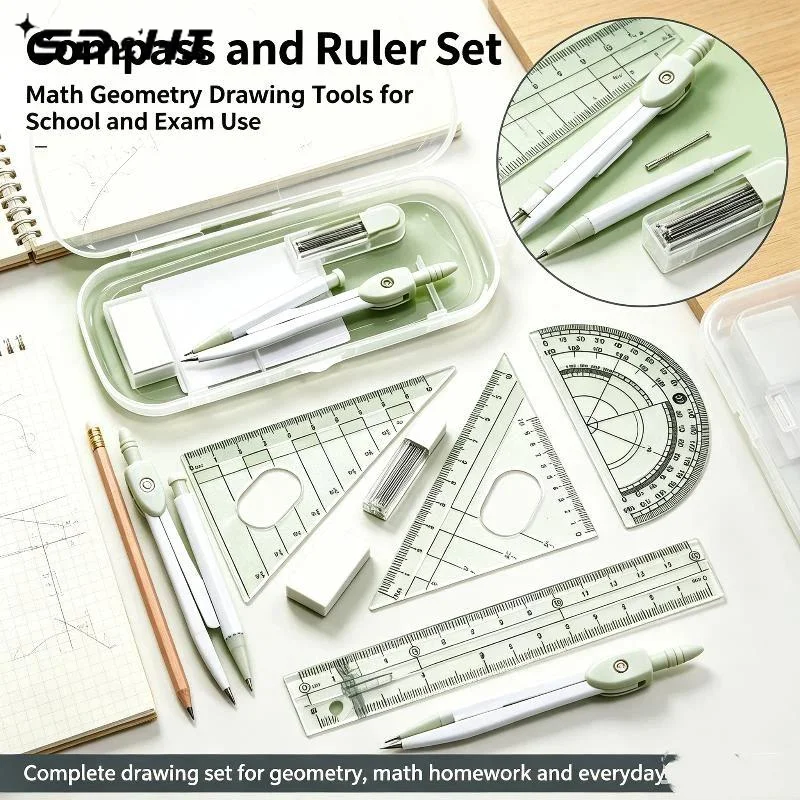 3/8Pcs Eraser Transparent Measuring Ruler Straight Ruler Square Protractor Kit Plastic Ruler Compasses Set For School Office