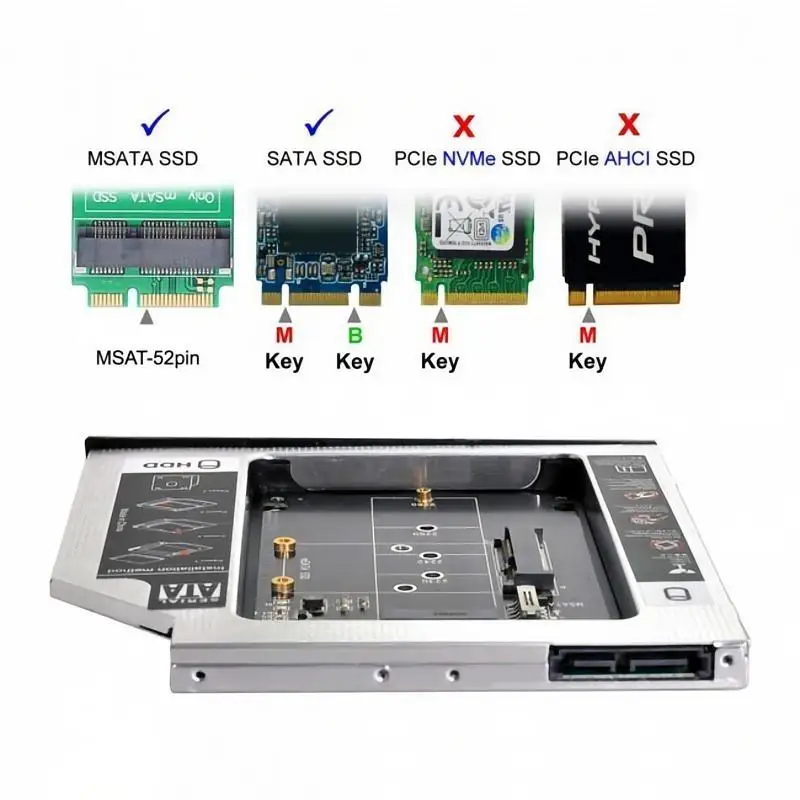 MSATA NGFF B/M-key SSD to Slimline SATA 13Pin Caddy Case for 9.5mm Universal Laptop CD / DVD-ROM Optical Bay