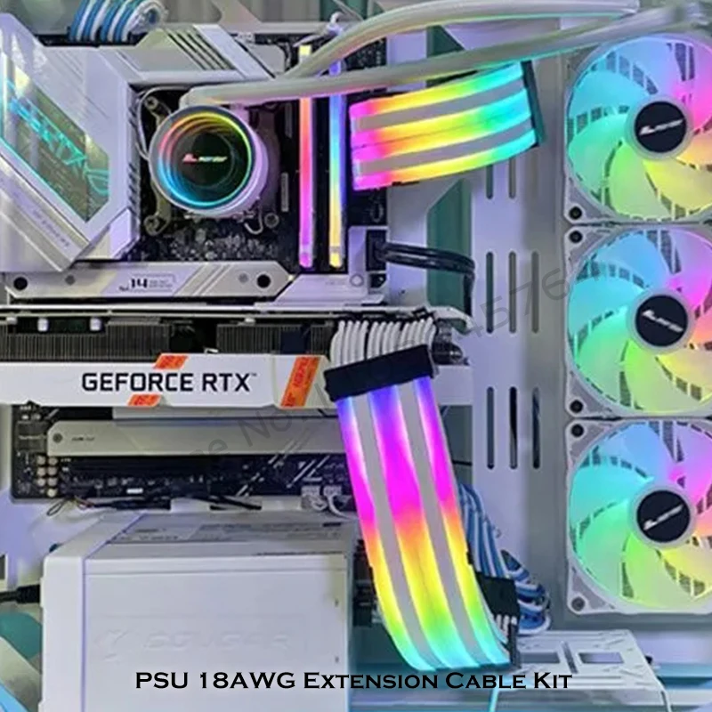 Przedłużacz zasilacza ARGB Kit ATX 24Pin + GPU 8Pin X2 X3 LED Flow Silicone Light Guide 18AWG Podobny do Lian Li Strimer Plus