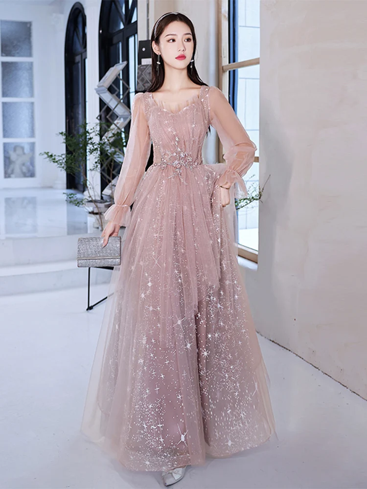 Robe de soiree Pink Shiny Star Prom Gowns Long Sleeves Formal Evening Dresses Floor-Length Cocktail Party Dress customized