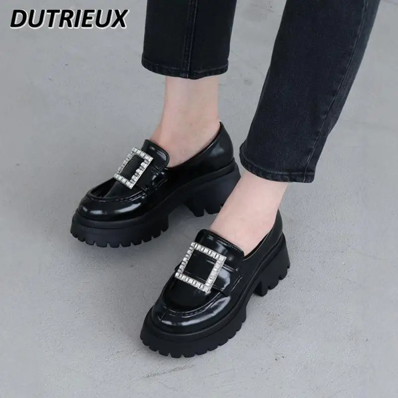 Lolita Japanese Style Rhinestone Buckle Thick Bottom Heightening Leather Shoes for Women Casual Elegant Loafers Uniform Pumps