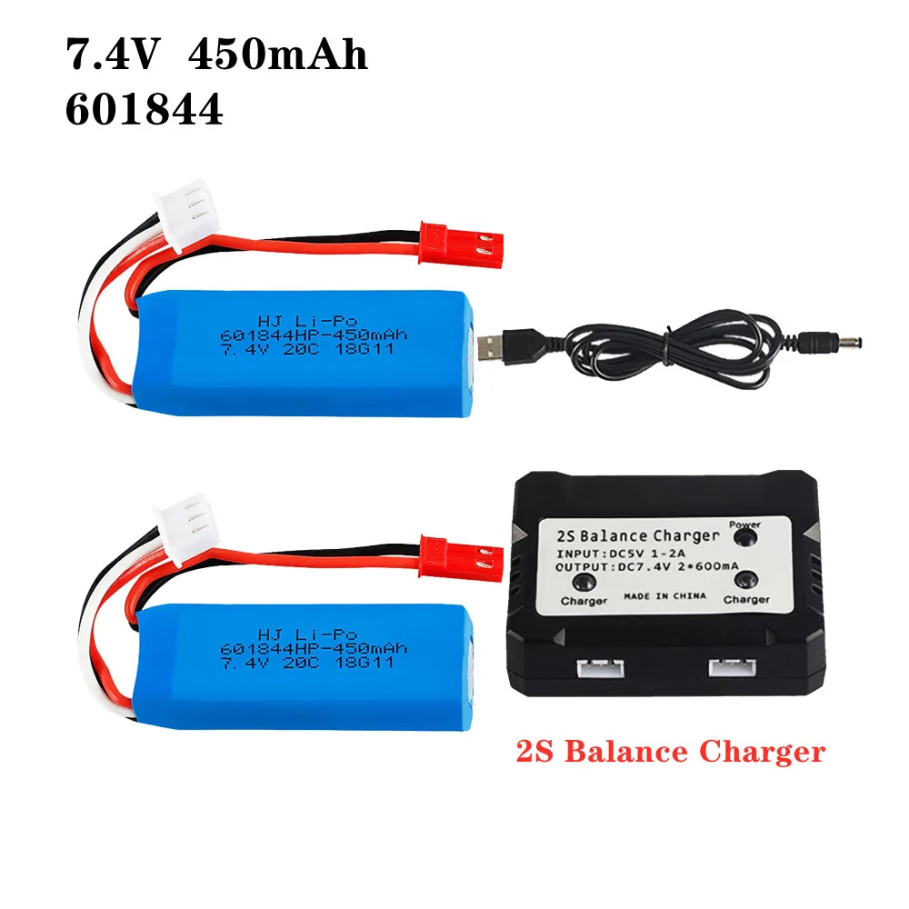 2pcs/Lot 7.4V 450mAh 20C Lipo Battery With 2S Balance Charger For WLtoys K969 K989 K999 P929 P939 RC Car 7.4V 601844 Battery