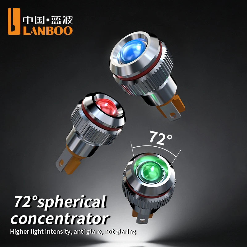 LANBOO 8A mini metal indicator/signal light, default IP65/ customizable IP68. Red, green, yellow and blue leds are available.