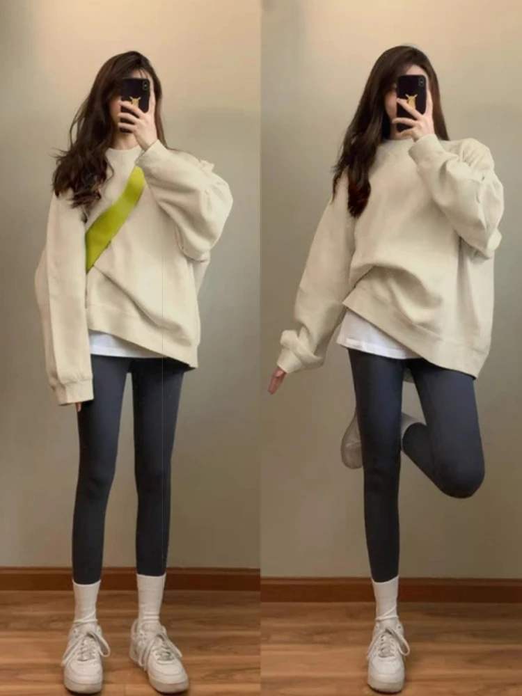 

Свободная женская толстовка с капюшоном Tea Milk Color Oversize, круглый пуловер Ne, американский ретро длинный свек Sweet Sle, весенне-осенний топ