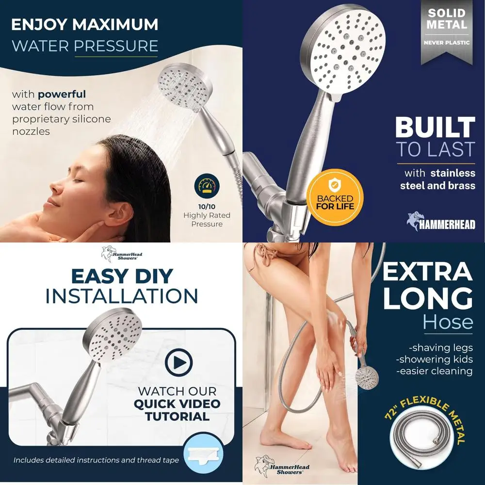 3-Spray Metal Handheld Shower with Long Hose, Multi-Function Sprays, Brushed Nickel Finish, 1.75 GPM