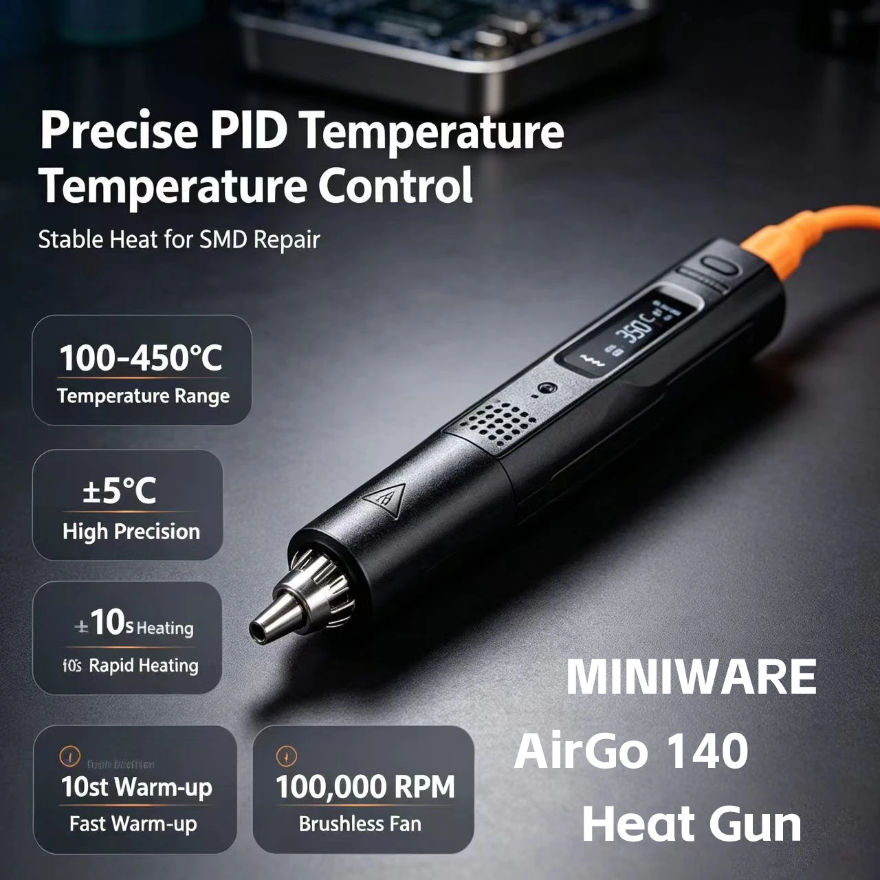 Miniware AirGo 140 Portable Intelligent Hot Air Gun 140W High Power 80-450 ° C Temperature Adjustable Maintenance Heating Tool
