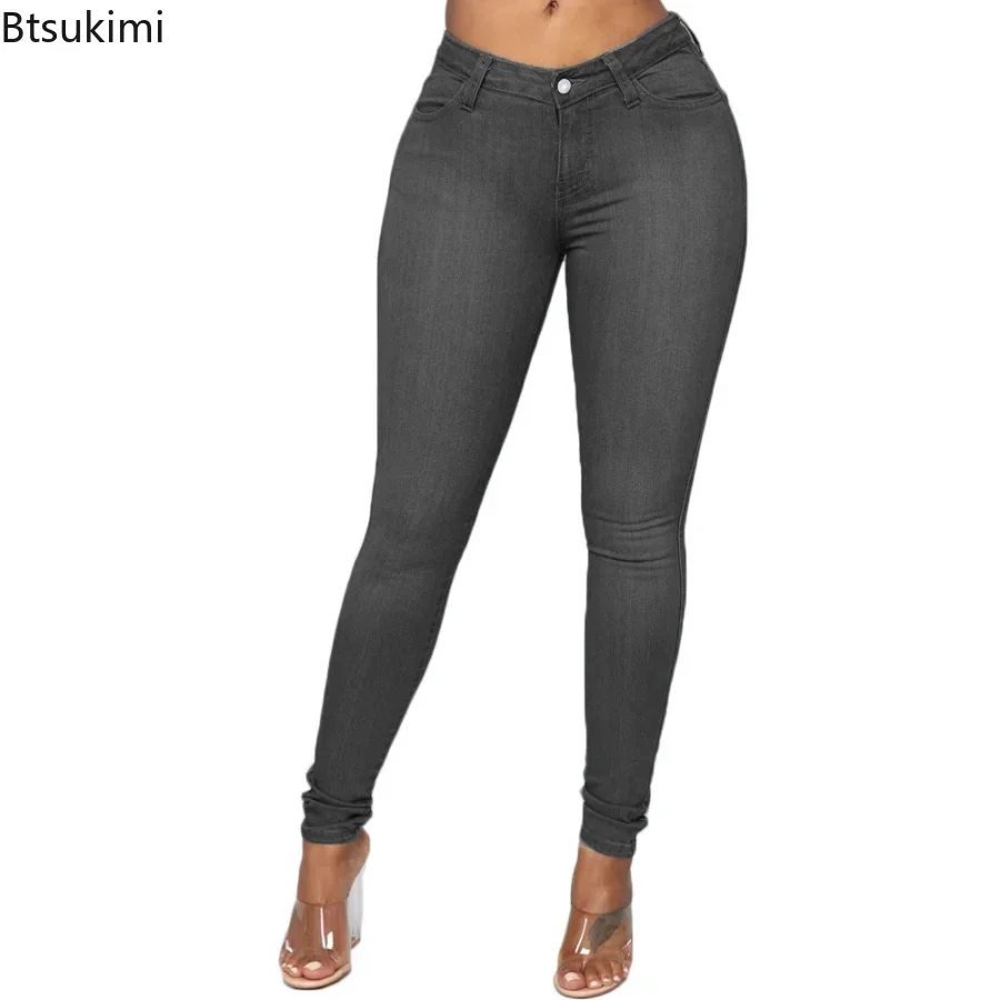 Hohe elastische Frauen Skinny Jeans Knopf Reiß verschluss Mitte Taille Bodycon dünne Jeans Bleistift hose schlanke Stretch hose plus Größe XS-6XL