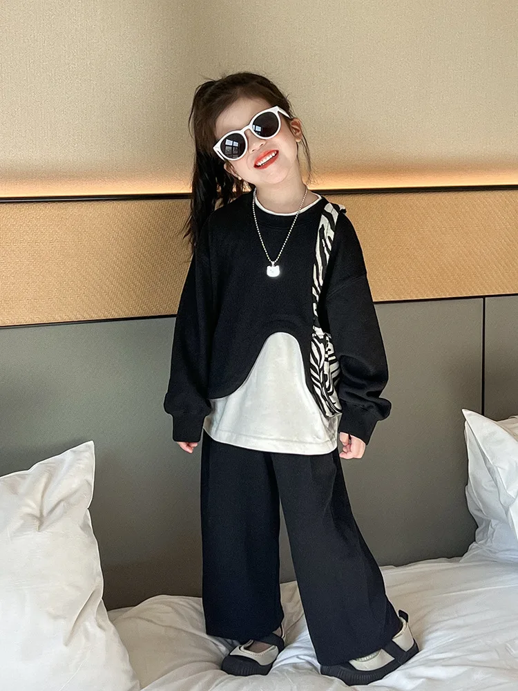 Girls' Trendy Assorted Colors False-Two-Piece Sweater2024Autumn New Versatile Casual Pants Two-Piece Fashion Children's Clothing image 5