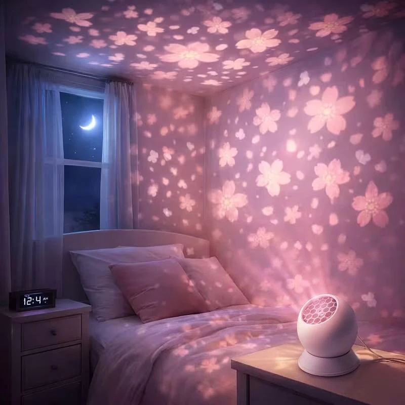 Hot Sale Romantic Pink Soft Glow Cherry Blossom Projector Light For Bedroom Night Birthday Party Home Decoration Supply