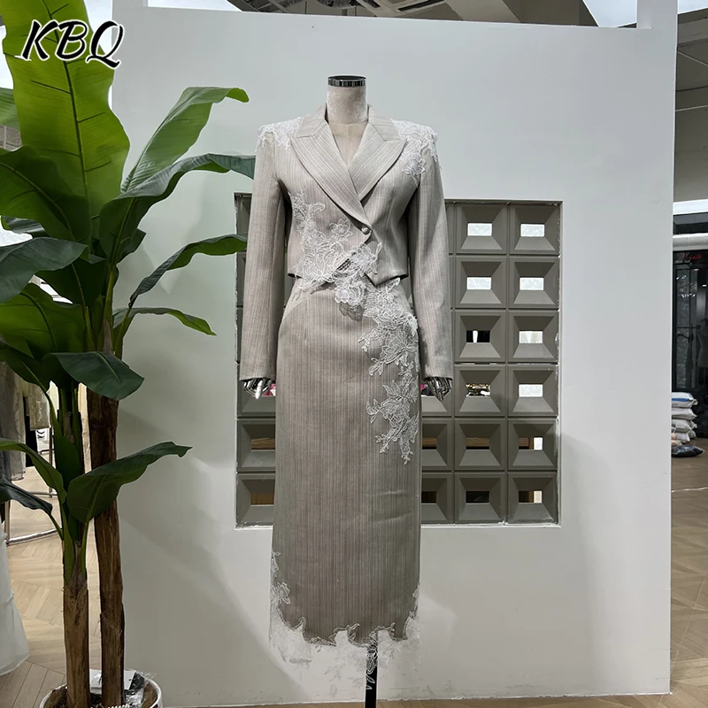 

KBQ Solid Splicd Lace Two Piece Sets for Women Lapel Long Sleeve Short Tops High Waist Skirt Elegant Set Female Fashion Style