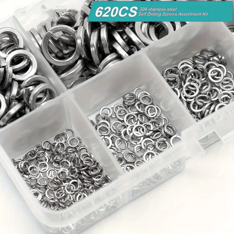 620pcs Stainless Steel Spring Lock Washers Assortment Kit M2/M2.5/M3/M4/M5/M6/M8/M10/M12 Locking Rings Snap Ring Fasteners Set