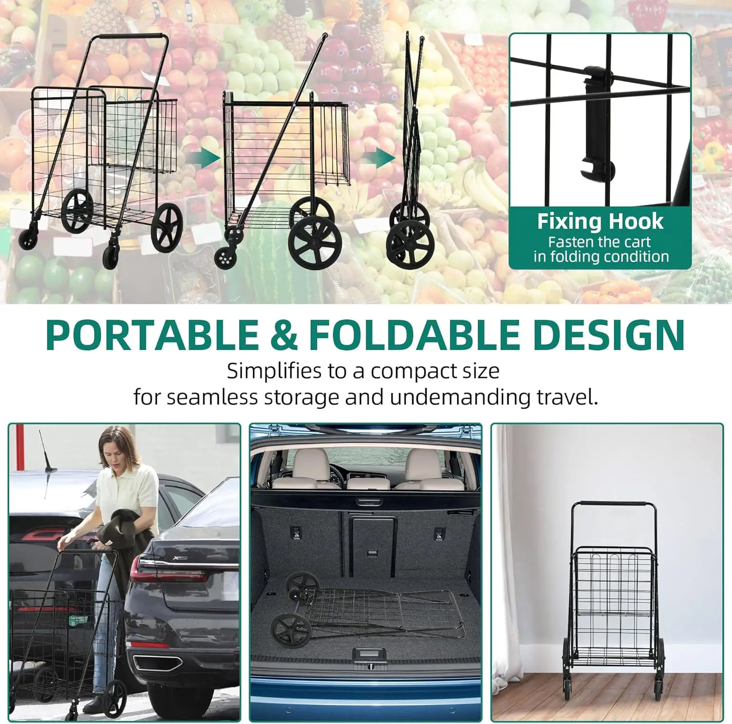 عربة تسوق قابلة للطي بعجلات، عربة بقالة محمولة مع سلة خلفية للتخزين والمنظم #6