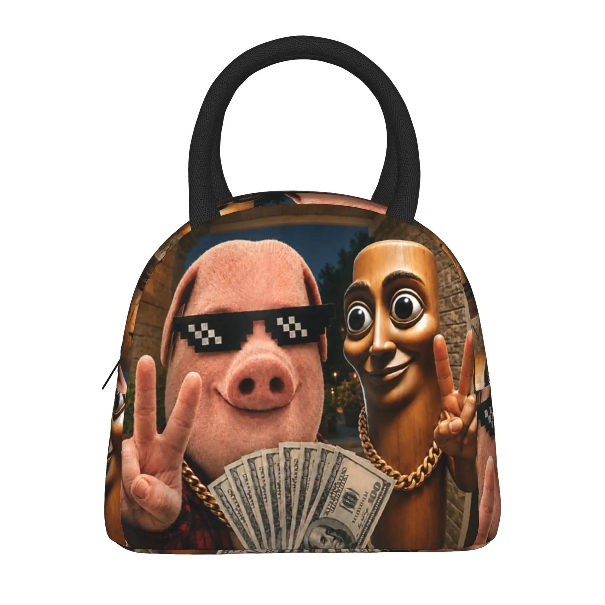 John Pork and Tung Tung Tung Sahur Front Door Lunch Bag Leisure Lunch Box Picnic Thermal Tote Handbags Girls Oxford Cooler Bag