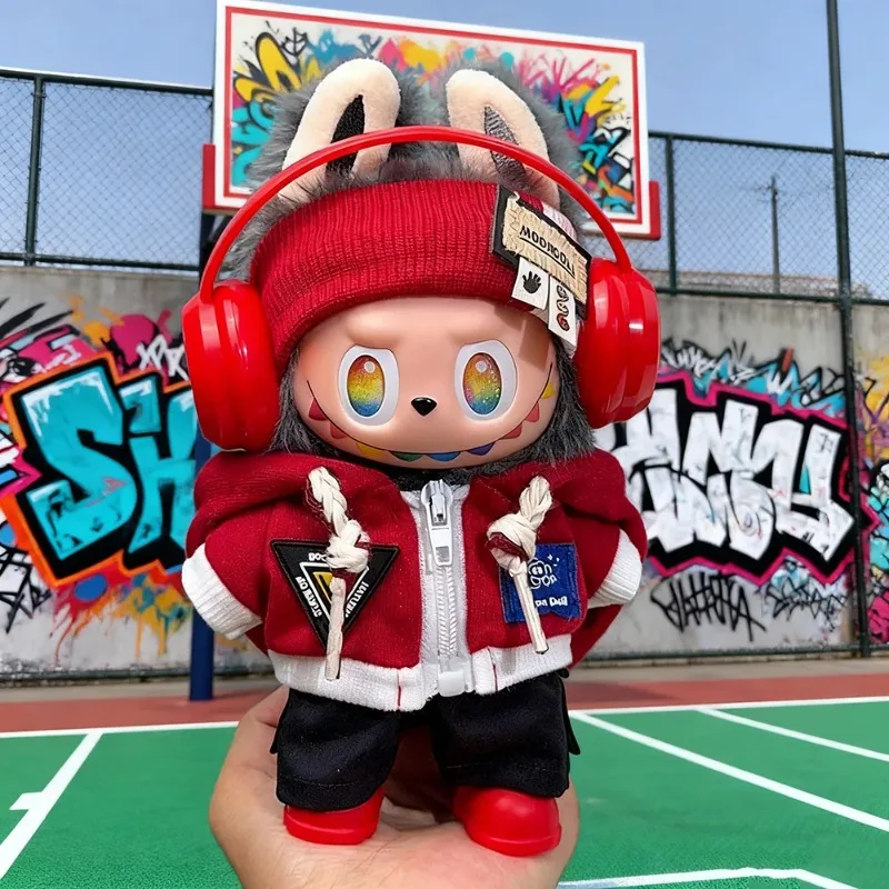 for 15-17cm Labubu Trendy Zipper Hoodie Clothes Headband Pants Set Red Headphones PP Shoes Outfit Clothing Accessories