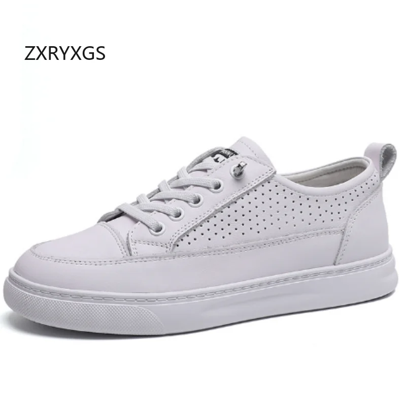 

ZXRYXGS 2026 New Trendy Spring Summer Sneakers White Shoes Genuine Leather Hollow Breathable Sneakers Women Fashion Casual Flats