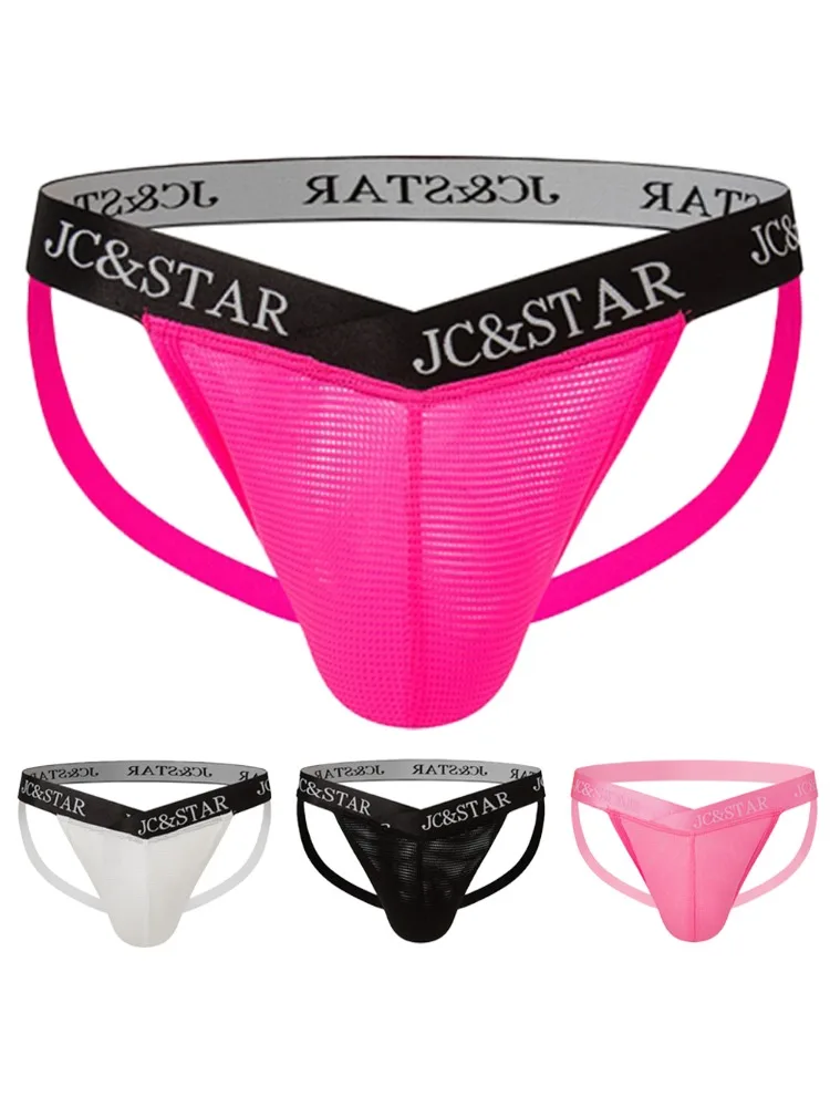 4PCS JC Men Jockstrap Underwear Thong Sexy Low Waist Letter Male Sexy Panties Anal Mesh Breathable Sissy Lingerie
