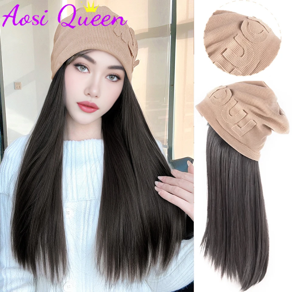 AOSI Hat And Wig All-in-one Women's Autumn And Winter New Style Long Straight Hair Versatile Knitted Warm Wig Cap