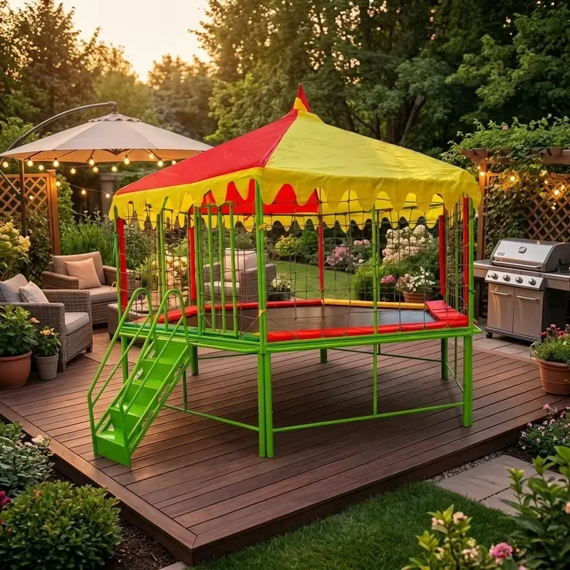 Trampoline With Canopy & Safety Net Outdoor Commercial Jumping Trampoline With Stairs