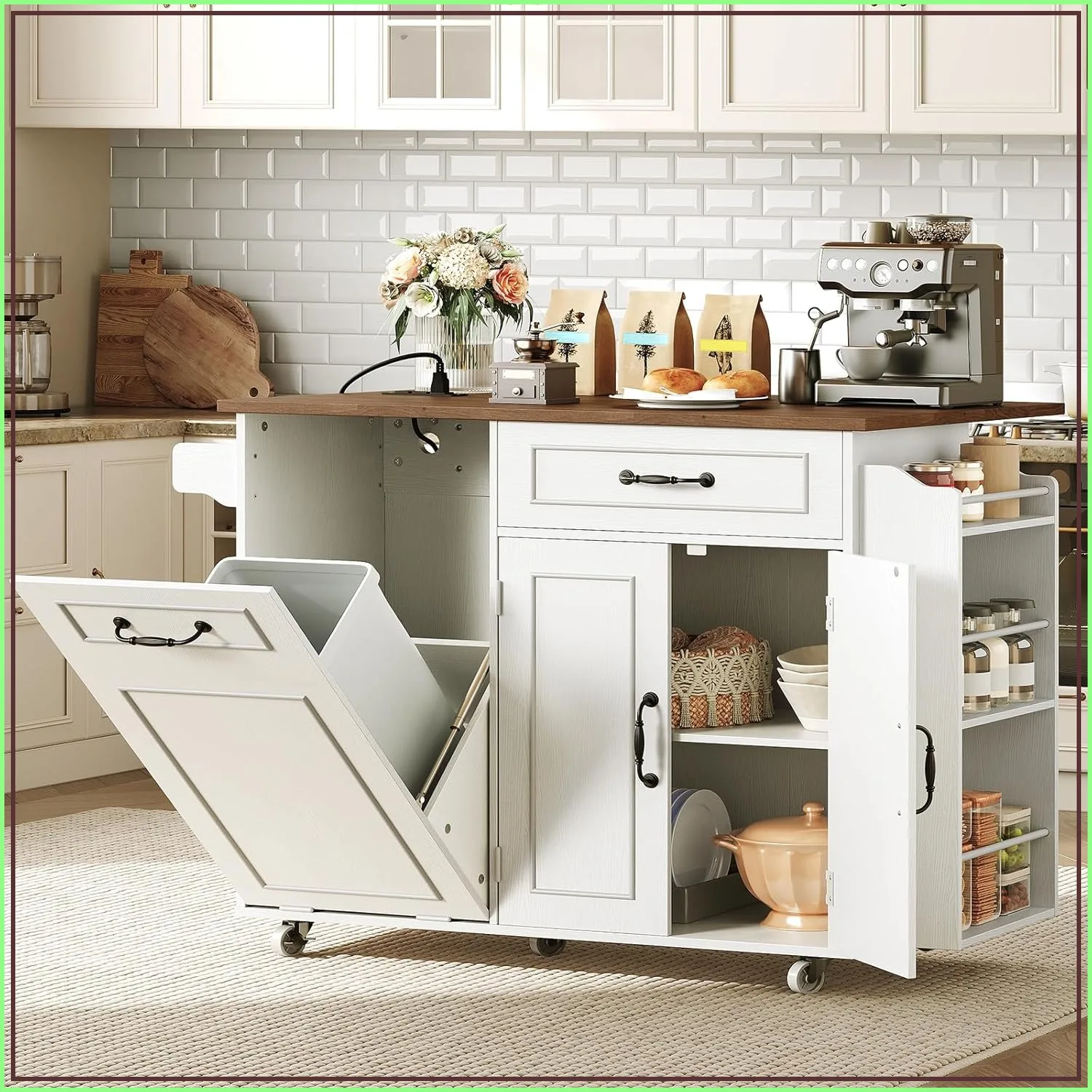 Factory Direct 2026 Kitchen Island with Power Outlet & Drop Leaf, Rolling Cart with Trash Storage, 3-Tier Spice Rack,